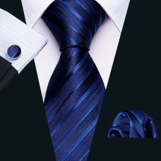 3delige set stropdas manchetknopen pochet tinten blauw Streep